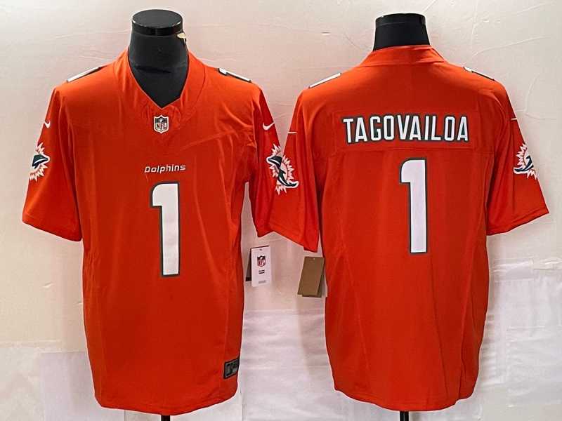 Mens Miami Dolphins #1 Tua Tagovailoa Orange 2023 FUSE Vapor Stitched Jersey